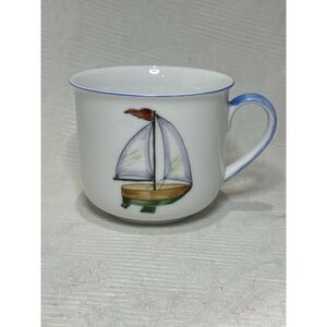 Ann‎ Marie Murray Sailboat Childs Cup Hand Painted Porcelain 3”H White Nautical